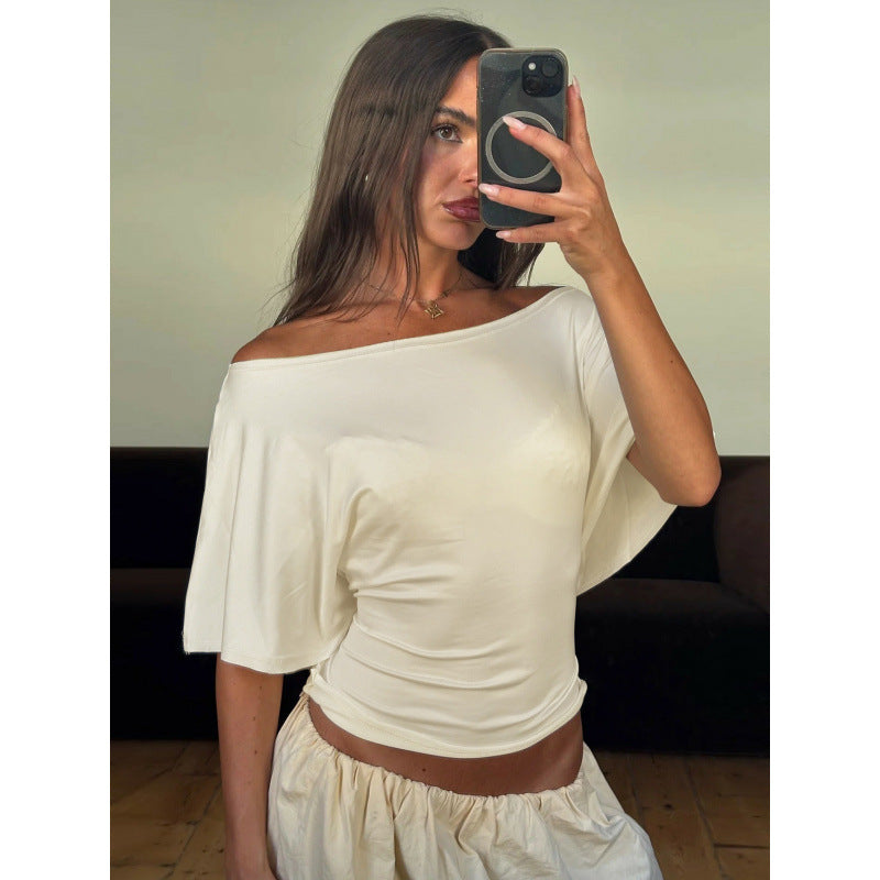 Damen asymmetrisches Crop-Top mit weitem Schnitt und fließenden Ärmeln EB