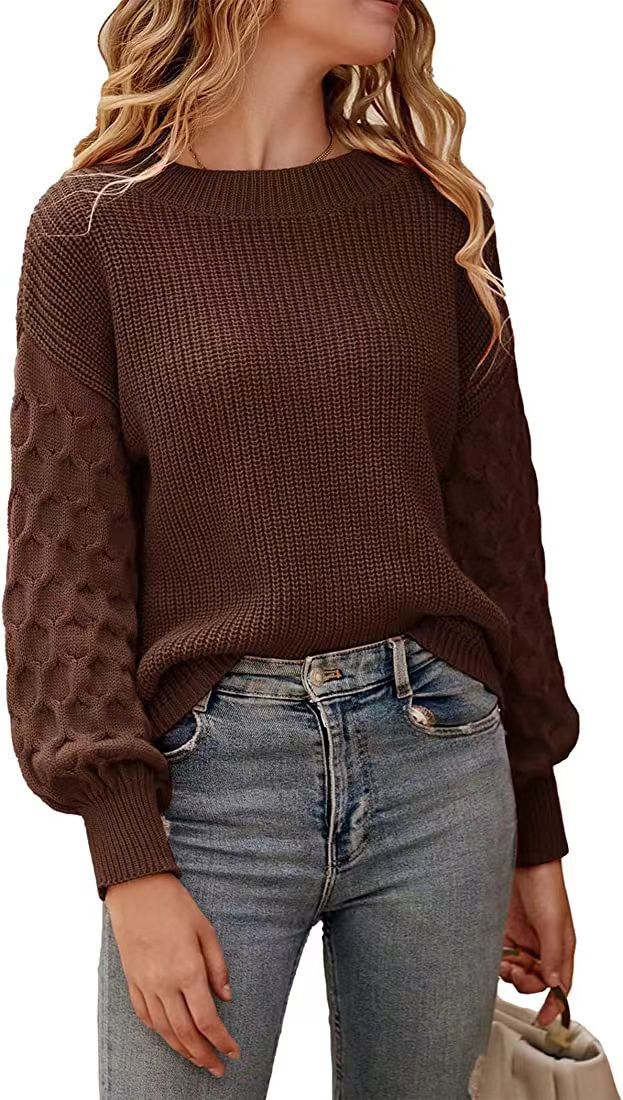 Damen modischer Strickpullover mit strukturierten Ärmeln und Rundhalsausschnitt EB