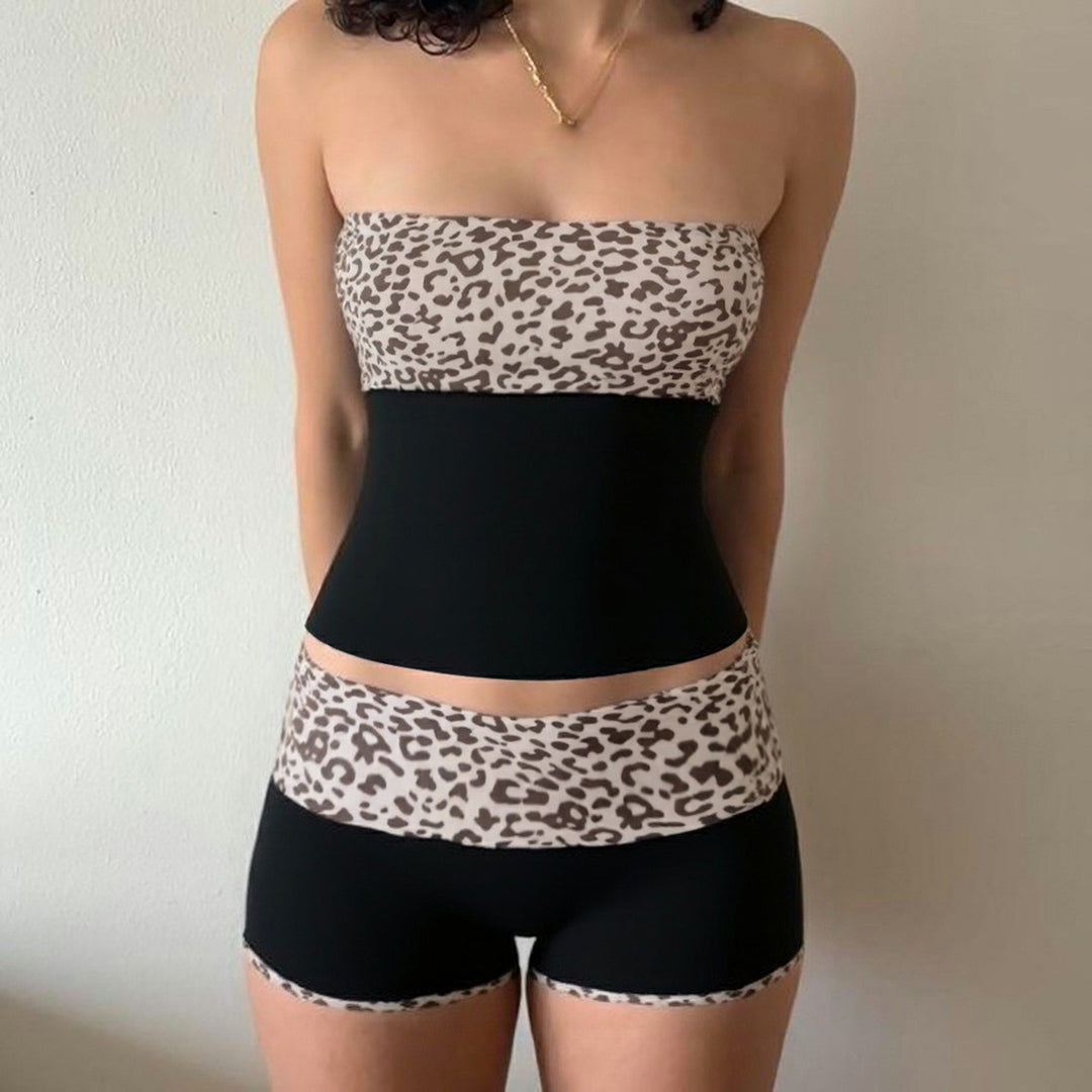 Damen Bandeau-Bikini-Set mit modischem Leopardenmuster und bequemen Shorts EB
