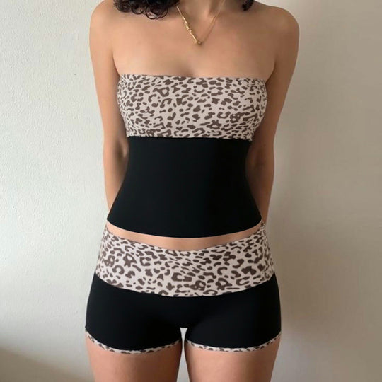 Damen Bandeau-Bikini-Set mit modischem Leopardenmuster und bequemen Shorts EB