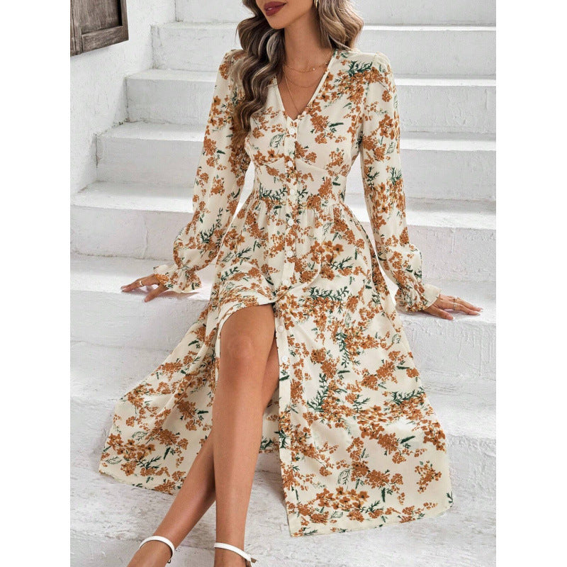 Damen Maxi-Kleid mit floralen Mustern und langem Arm EB