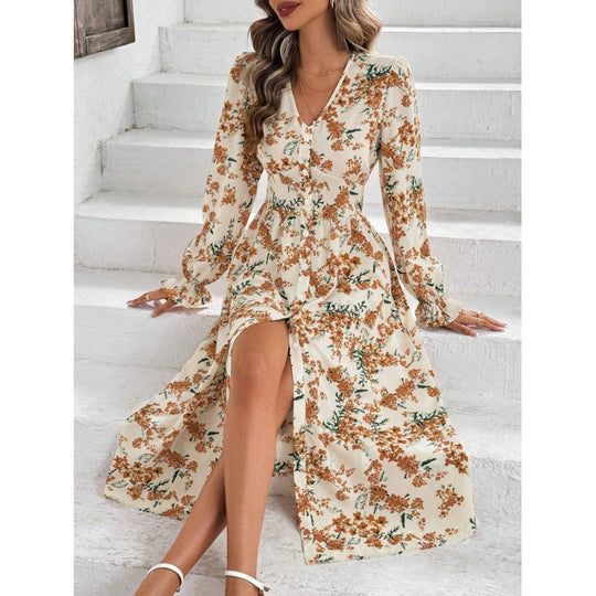 Damen Maxi-Kleid mit floralen Mustern und langem Arm EB