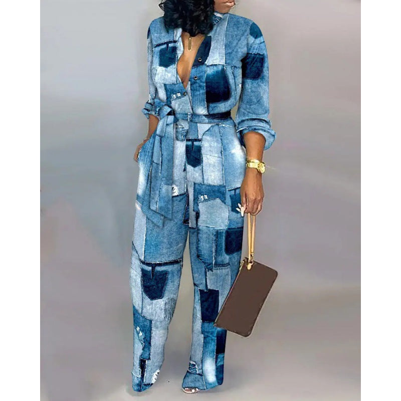 Damen Denim Jumpsuit mit modischem Patchwork-Design und praktischen Taschen EB