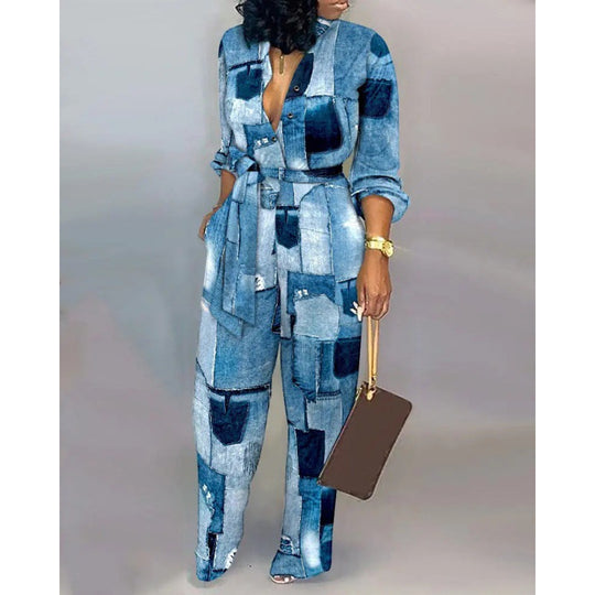 Damen Denim Jumpsuit mit modischem Patchwork-Design und praktischen Taschen EB