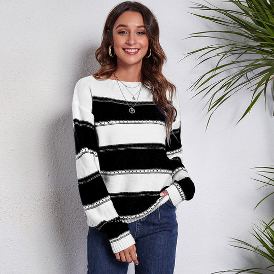 Damen Lässiger Strickpullover mit trendigem Streifenmuster und funkelnden Details EB