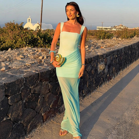 Damen Elegantes Maxikleid mit raffinierten Drapierungen und transparentem Rock EB