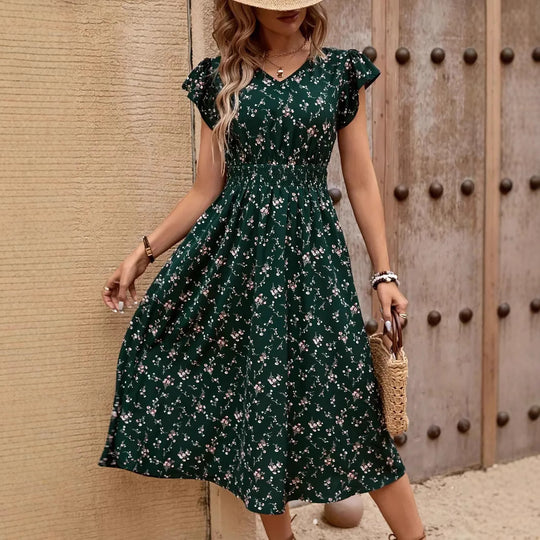 Damen Midikleid mit elastischem Tailleneinsatz und Rüschenärmeln EB