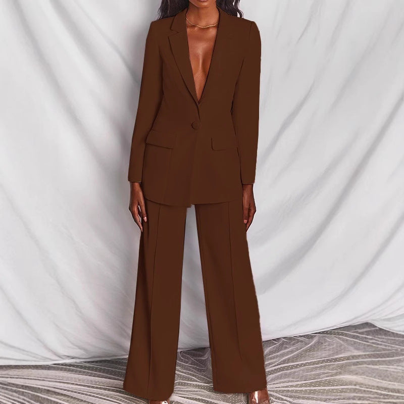 Damen nan taillierter Ein-Knopf-Blazer mit Pattentaschen und weiter Palazzo-Hose Hosenanzug EB
