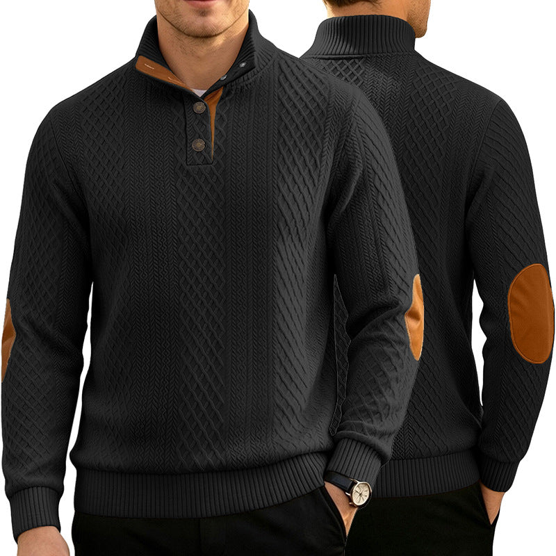 Herren Kabelstrick Troyer Pullover mit Stehkragen und Lederoptik-Ellbogen-Patches EB