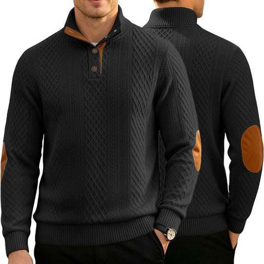 Herren Kabelstrick Troyer Pullover mit Stehkragen und Lederoptik-Ellbogen-Patches EB