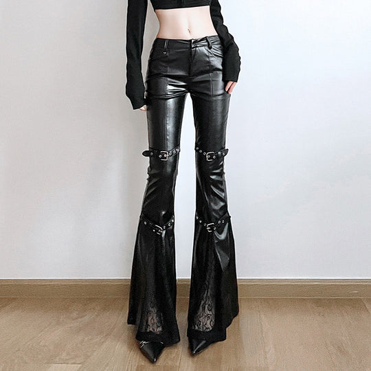 Damen Modische Kunstleder Flared Hose mit verstellbarem Bund EB