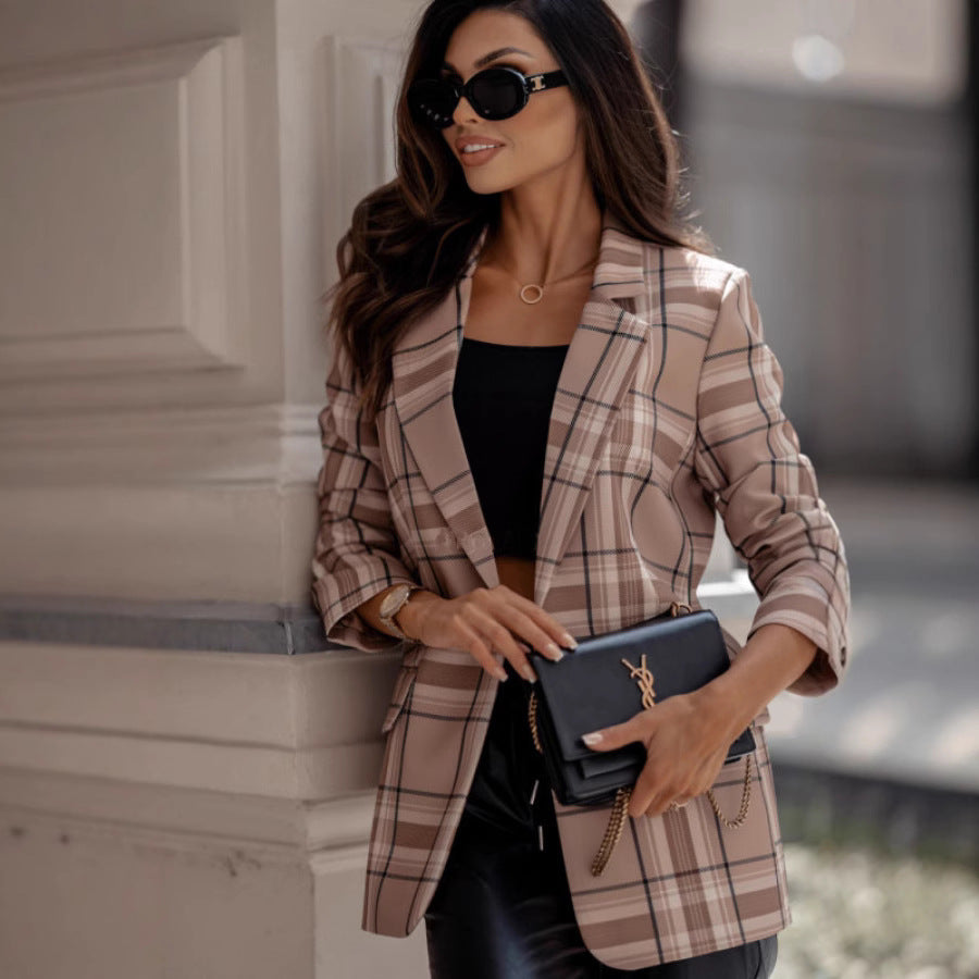 Damen Karierter Blazer mit moden Details und tailliertem Schnitt EB