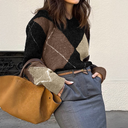 Damen nan oversized Argyle-Strickpullover mit kastigem Schnitt und geripptem Rundhalsausschnitt EB