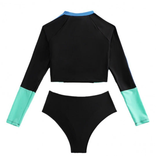 Damen Sportliches Langarm-Bikini-Set mit Zip und modischen Kontrastdetails EB