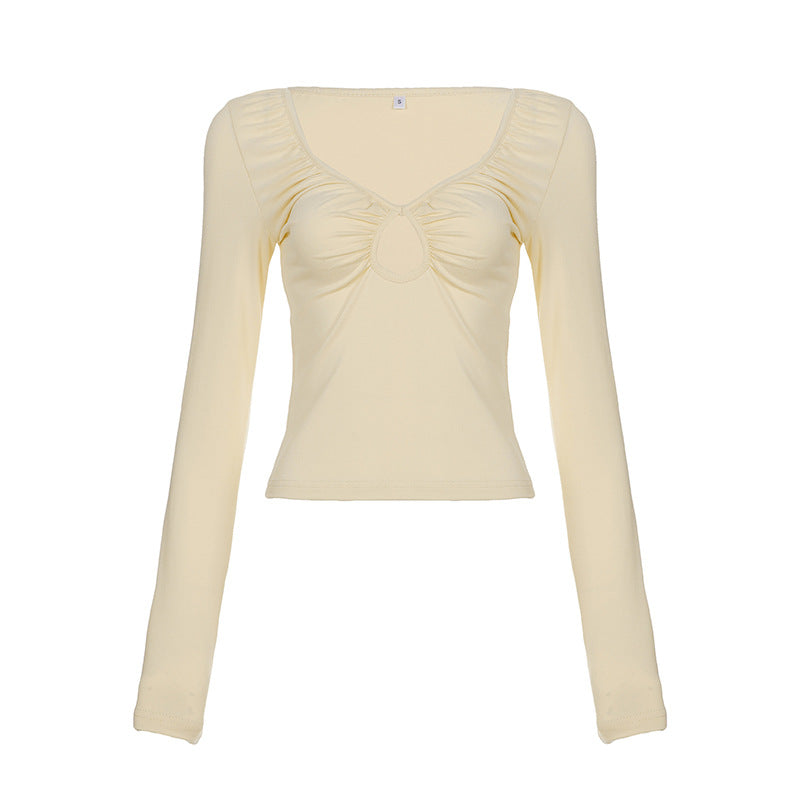 Damen nan tailliertes Langarmshirt mit tiefem V-Ausschnitt, Raffung und Schlüssel‑Cutout EB