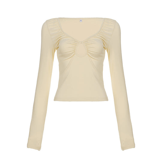Damen nan tailliertes Langarmshirt mit tiefem V-Ausschnitt, Raffung und Schlüssel‑Cutout EB