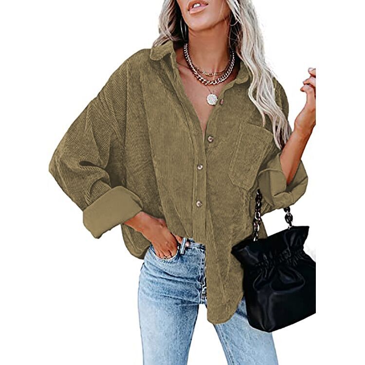 Damen nan oversized Cordhemd mit Brusttasche, Hemdkragen und aufgerollten Ärmeln EB