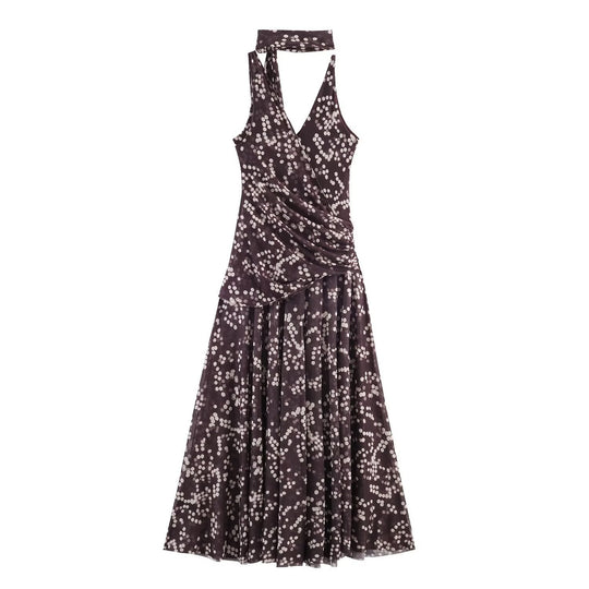 Damen Maxikleid mit floralem Rüschenversatz und elegantem V-Ausschnitt EB