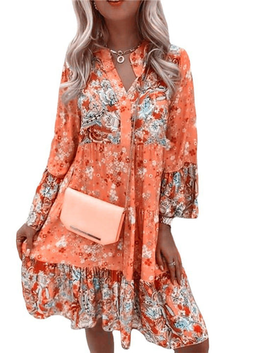 Damen nan florales Boho-Kleid mit V-Ausschnitt und Stufenrock EB