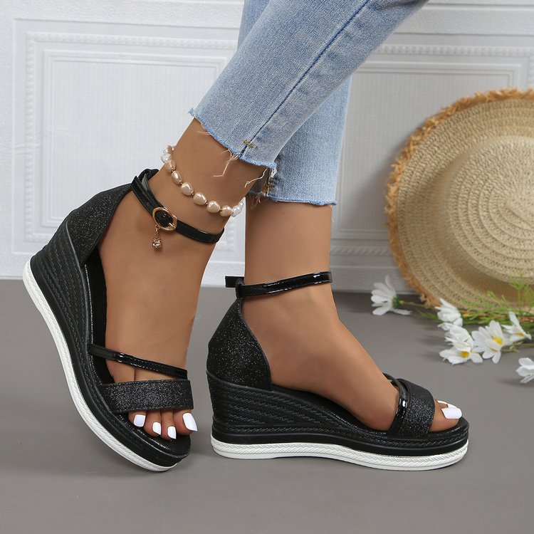 Damen Wedge-Sandalen mit glitzerndem Riemen und verstellbarem Fesselriemen EB