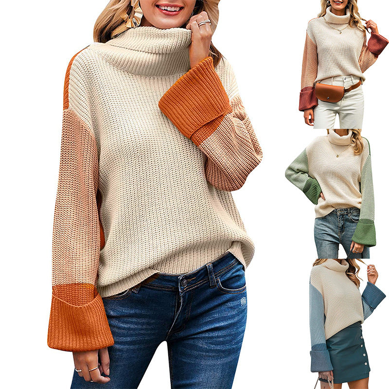 Damen nan lockerer Rollkragenpullover mit Colourblock-Ärmeln und weitem Trompetenärmel EB