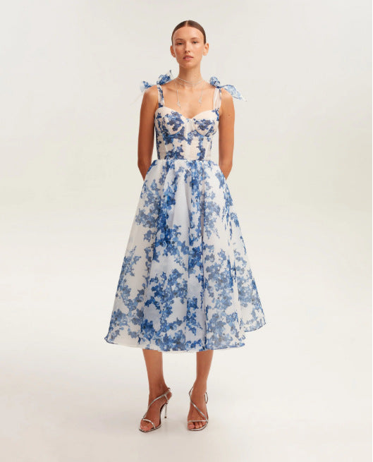 Damen Midikleid mit floralem Spitzenoberteil und zarten Rüschendetails EB