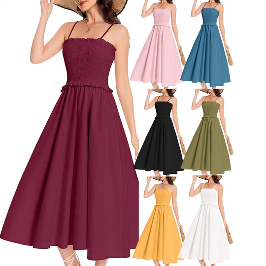 Damen Midi-Kleid mit elastischem Oberteil und weiten Rock EB