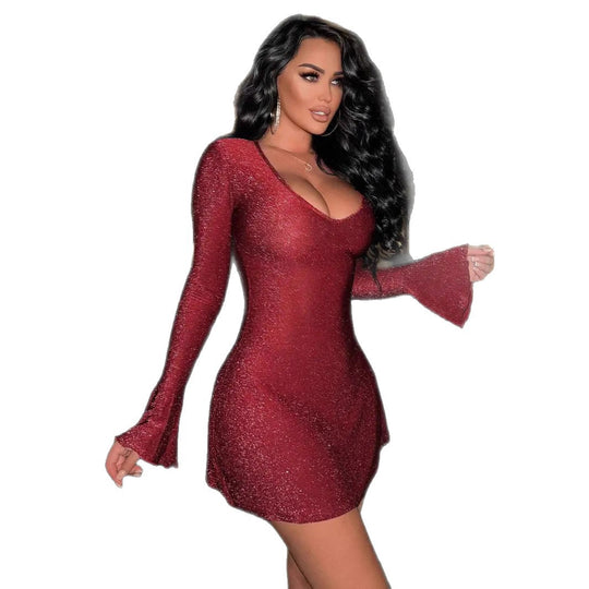 Damen elegantes Strickkleid mit tiefem V-Ausschnitt und ausgestellten Ärmeln EB