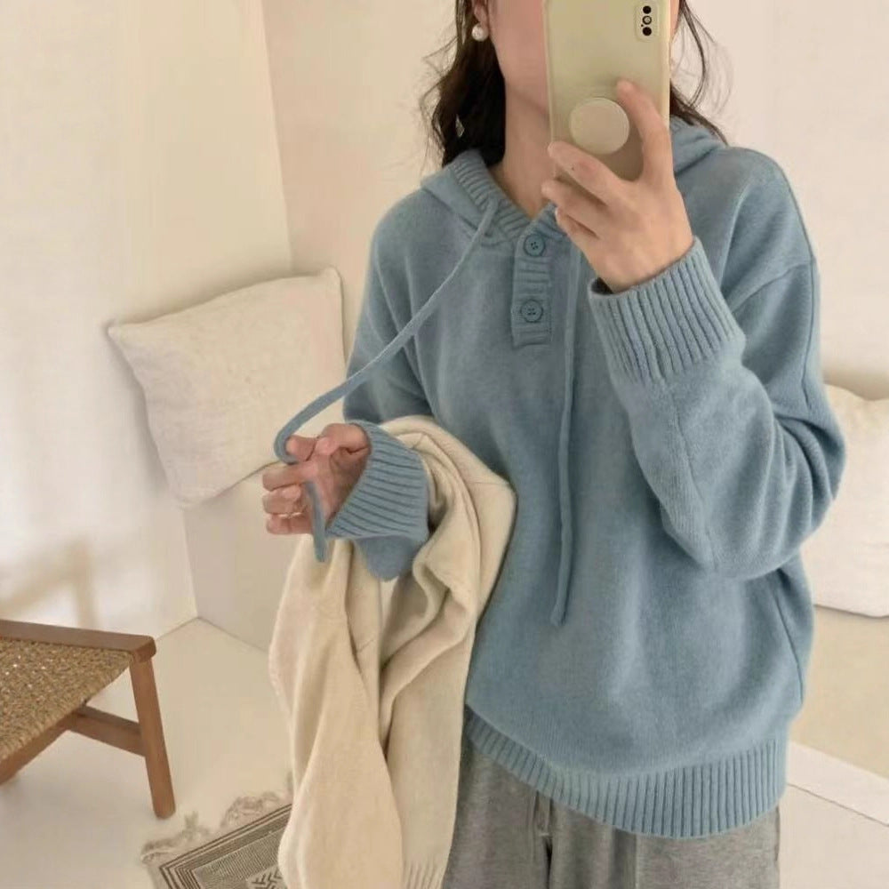 Damen Hoodie-Pullover mit Knöpfen und hohem Kragen EB