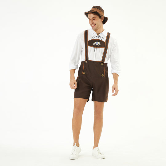 Herren nan traditionelle Kurzlederhose mit verstellbaren Trägern und dekorativem Brustlatz EB