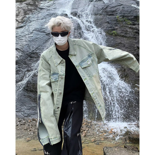 Unisex lässige Oversize-Jeansjacke mit einzigartigem Schnitt und praktischen Taschen EB