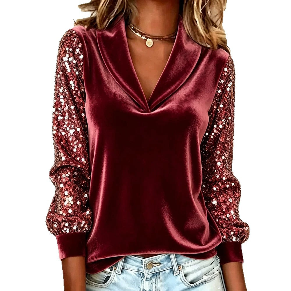 Damen Elegante Samtbluse mit Schalkragen, Paillettenärmeln und Ballonärmeln EB