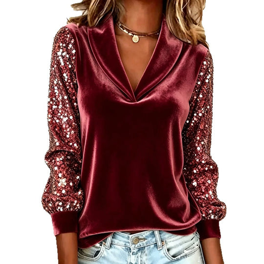 Damen Elegante Samtbluse mit Schalkragen, Paillettenärmeln und Ballonärmeln EB