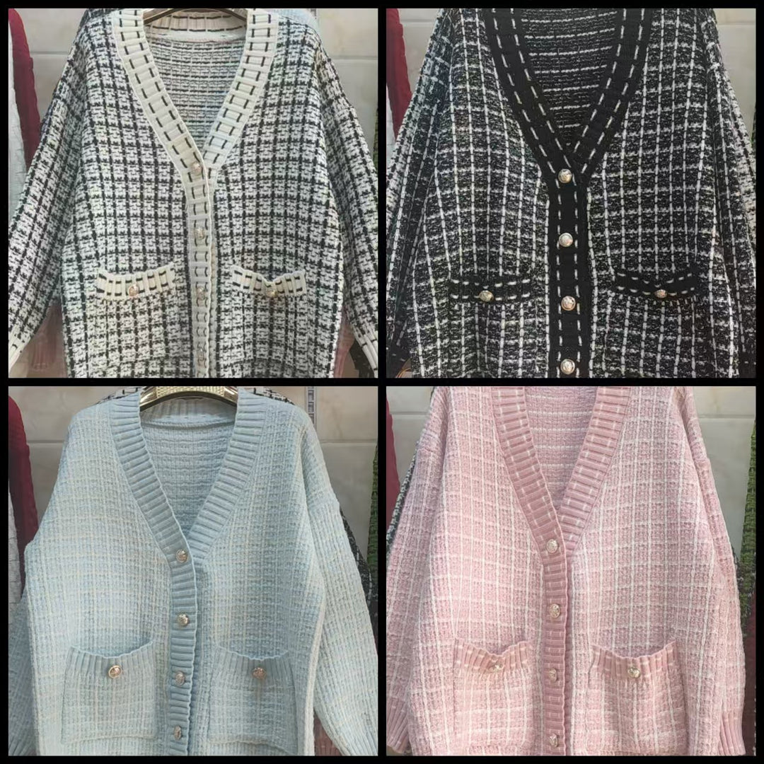 Damen Lässiger Strickcardigan im modernen Karomuster mit oversized Passform EB