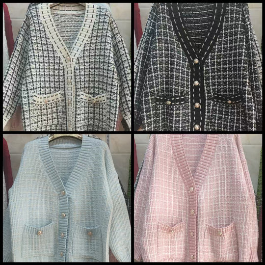 Damen Lässiger Strickcardigan im modernen Karomuster mit oversized Passform EB