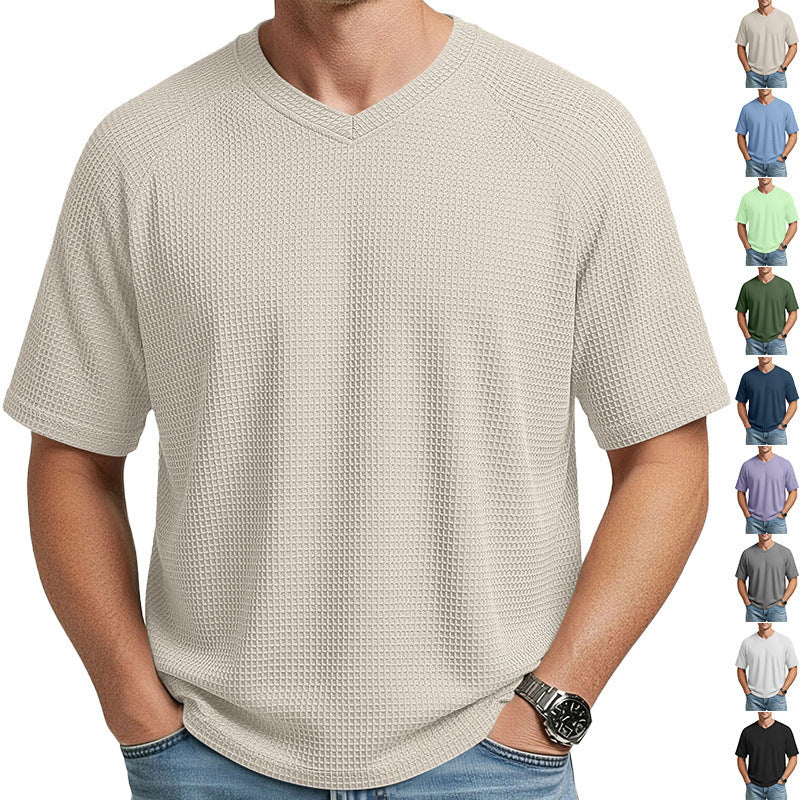 Herren nan lässiges V-Ausschnitt Waffelstrick-T-Shirt aus atmungsaktivem Baumwollmix EB