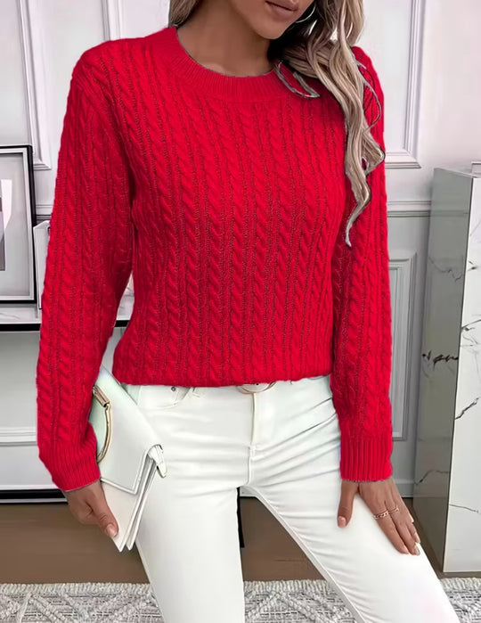 Damen Kurz geschnittener Zopfmuster-Strickpullover mit Rundhalsausschnitt EB