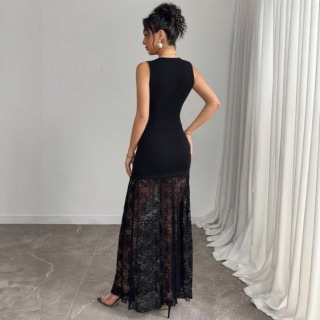 Damen nan zweiteiliges Abend-Set mit taillierter Weste und bodenlangem Spitzen-Overlay-Rock EB