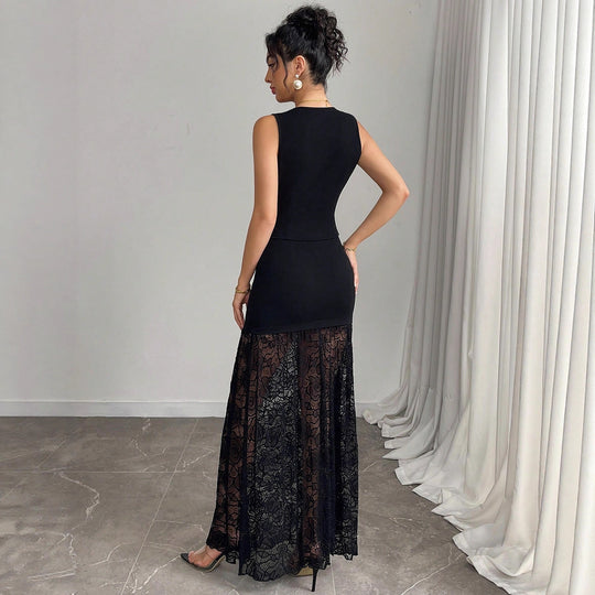 Damen nan zweiteiliges Abend-Set mit taillierter Weste und bodenlangem Spitzen-Overlay-Rock EB
