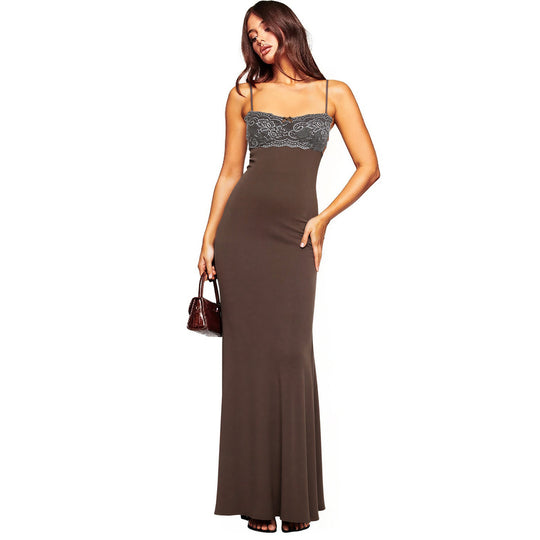 Damen elegantes Maxikleid mit Spitzendetails EB