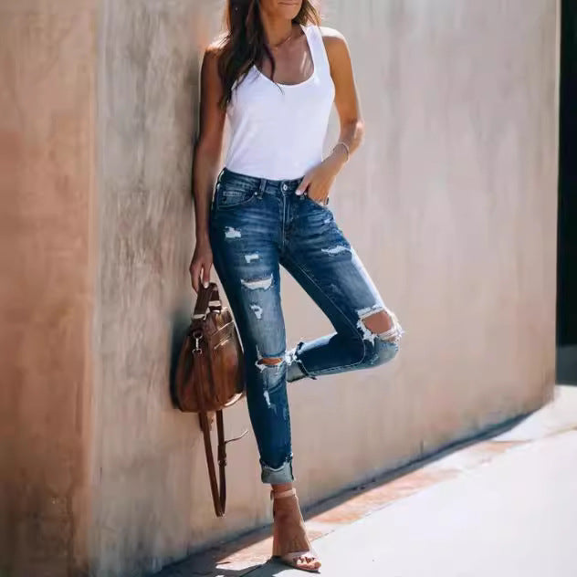Damen Destroyed Skinny Jeans mit lässigem Schnitt und fransigen Details EB