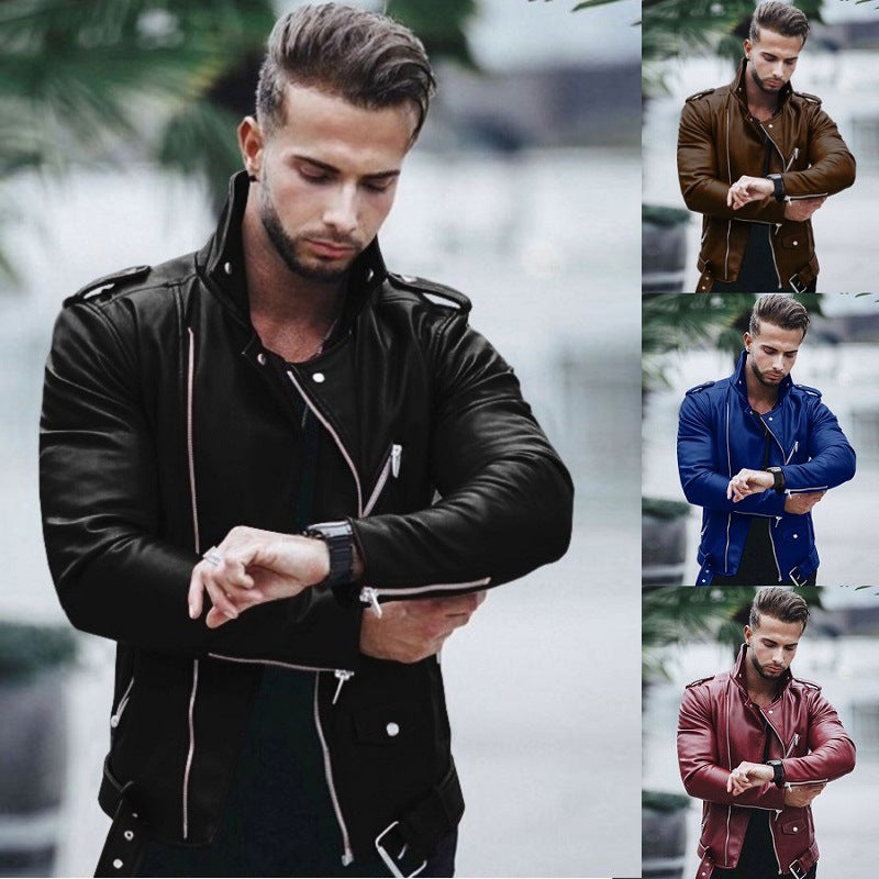 Herren nan stylische Bikerjacke aus Kunstleder mit asymmetrischem Reißverschluss und tailliertem Schnitt EB