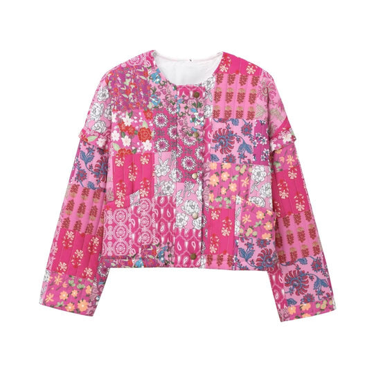 Damen Patchwork-Jacke mit floralen Motiven und praktischen Taschen EB