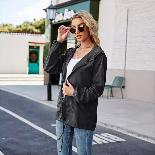 Damen leichte und atmungsaktive Windbreaker-Jacke mit verstellbarem Kapuzenkragen EB