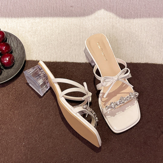 Damen glamouröse Sandalen mit funkelnden Strassdetails und transparentem Blockabsatz EB