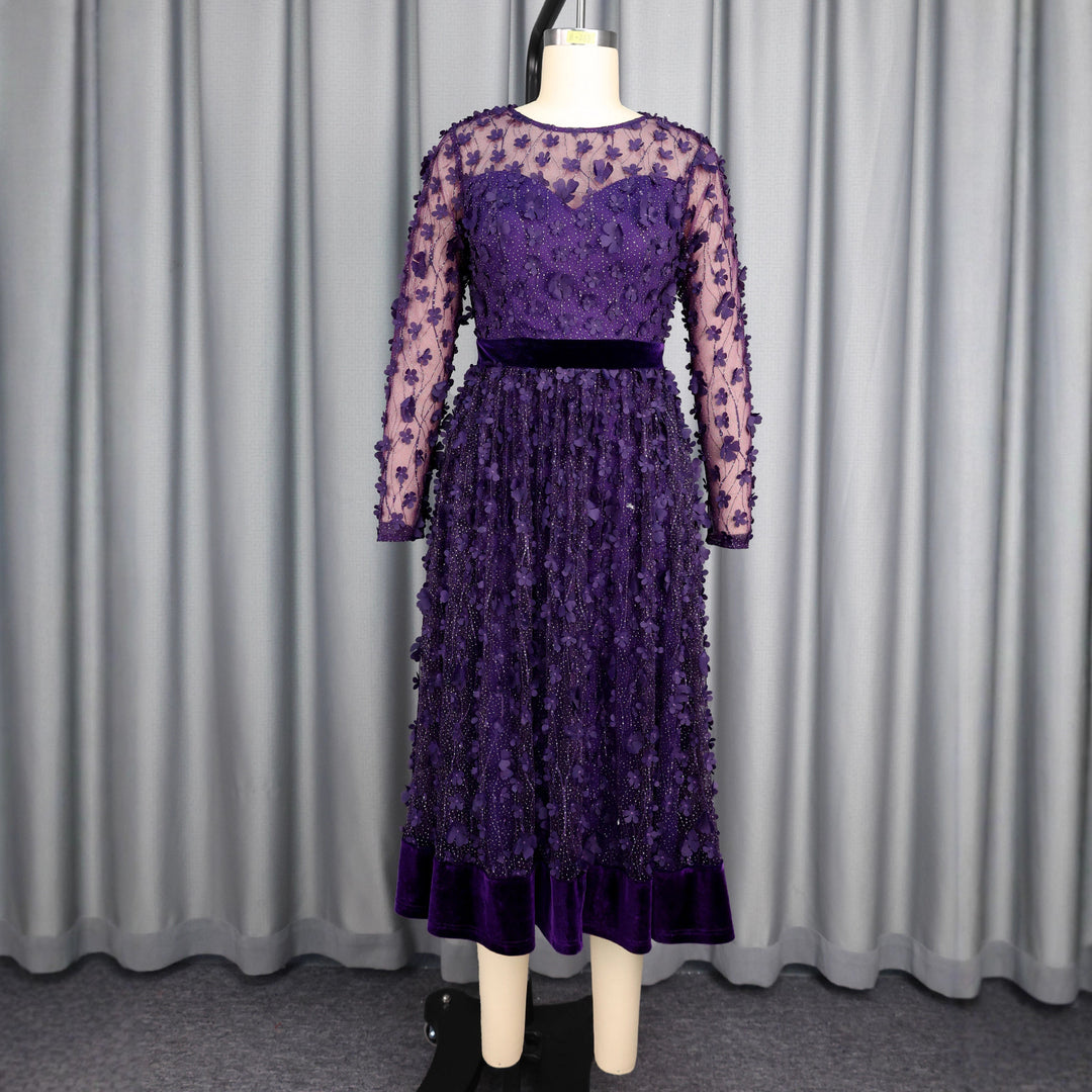 Damen elegantes A-Linien Abendkleid mit floralen Spitzenapplikationen EB