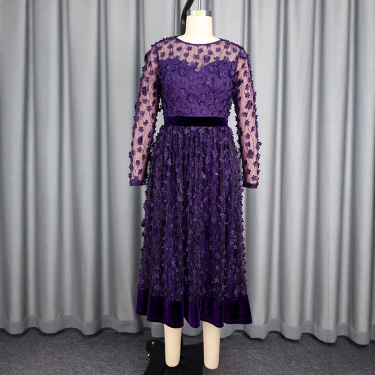Damen elegantes A-Linien Abendkleid mit floralen Spitzenapplikationen EB