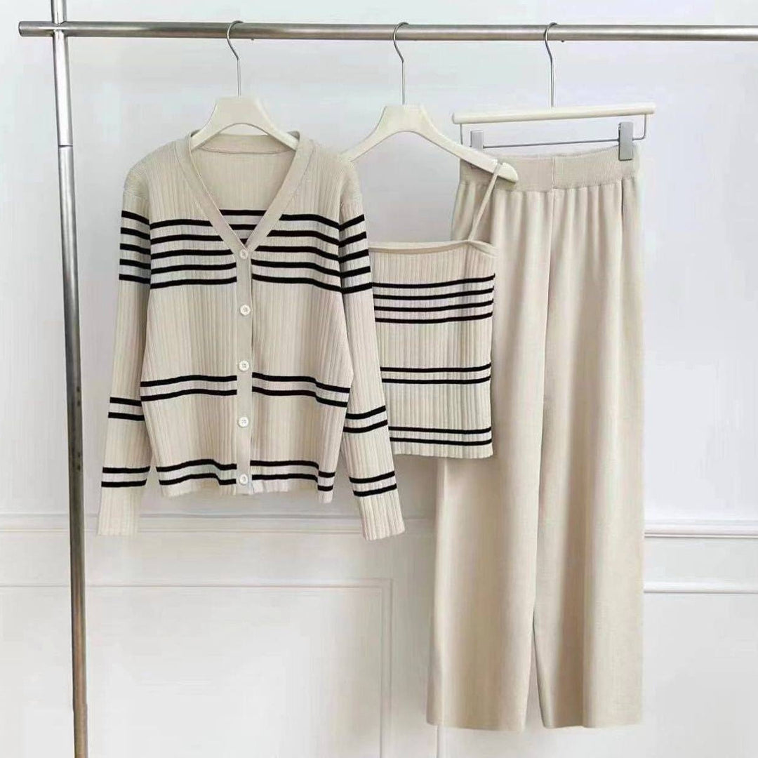 Damen Strick-Loungewear-Set aus Feinripp mit Button-Cardigan, Spaghetti-Top und weitem Jogger EB