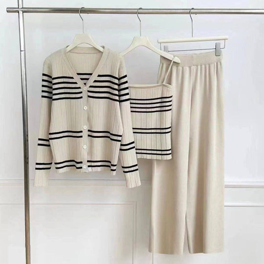 Damen Strick-Loungewear-Set aus Feinripp mit Button-Cardigan, Spaghetti-Top und weitem Jogger EB