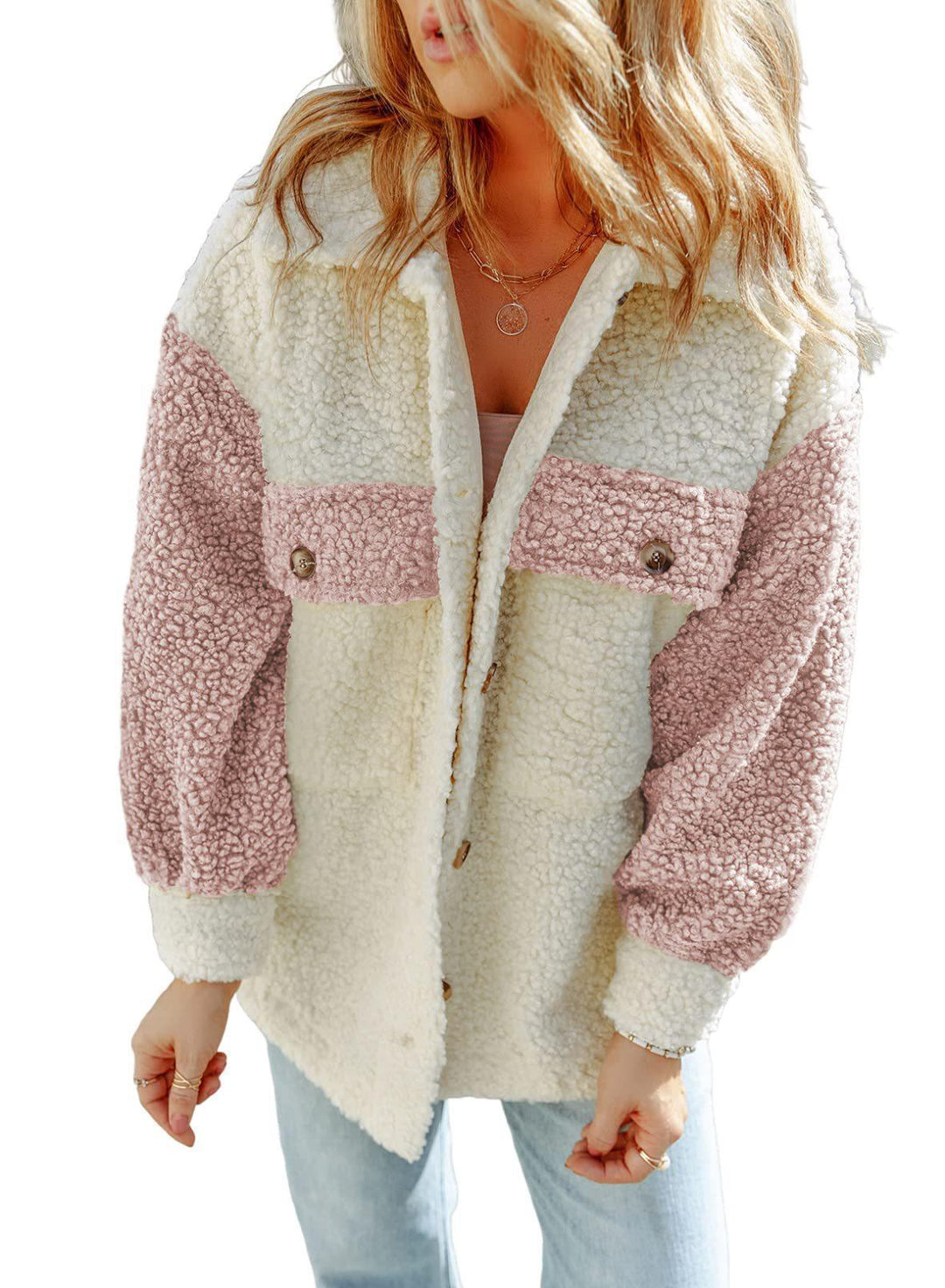 Damen nan oversized Teddy-Hemdjacke mit Kontraststreifen, aufgesetzten Brusttaschen und sichtbarer Knopfleiste EB